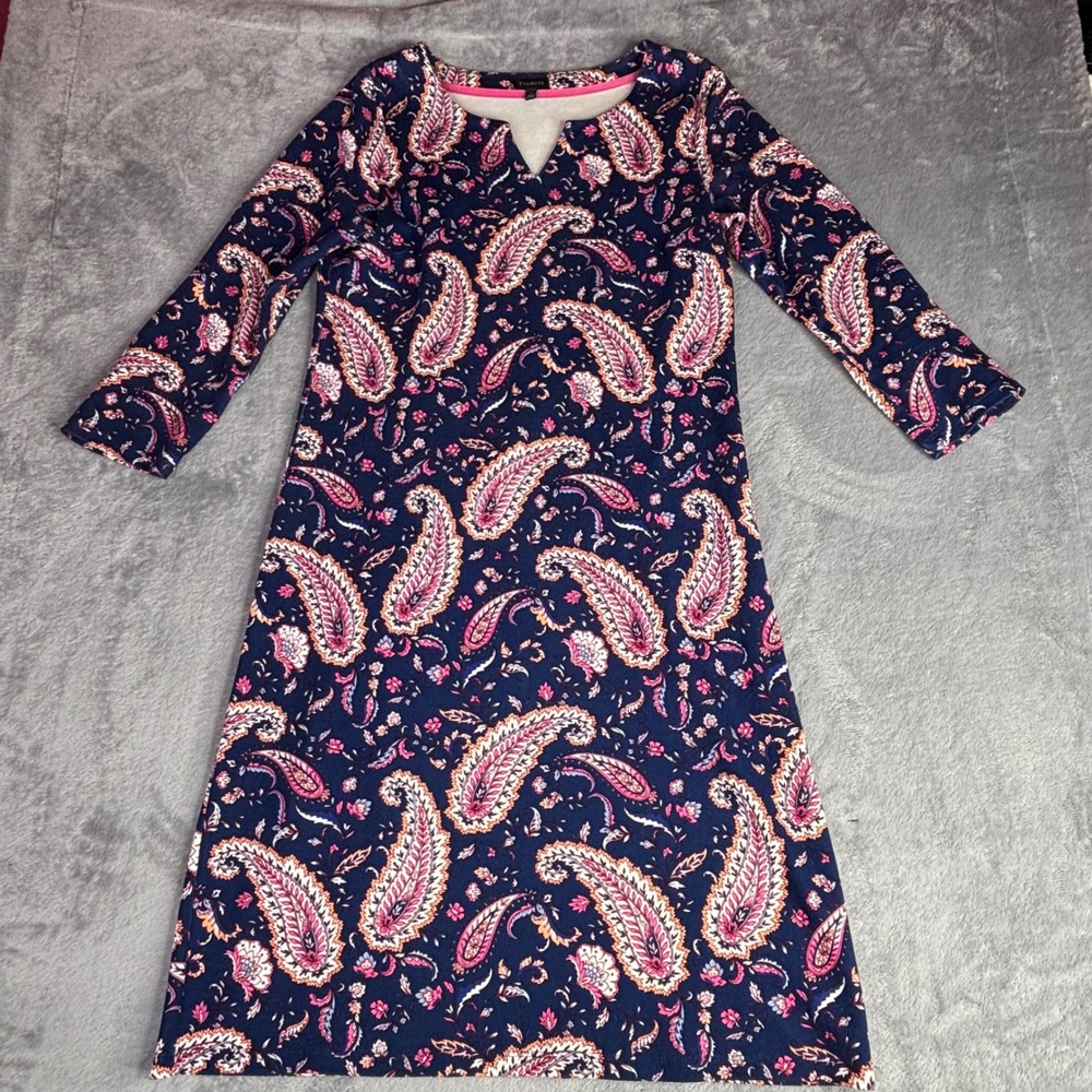 Talbots Paisley Dress Women S Navy Blue Pink Cotton Long Sleeve Notched Neck